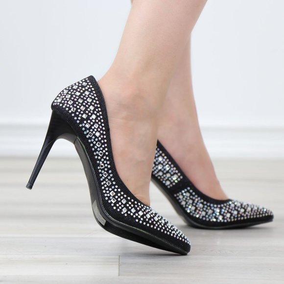 Sparkly Diamond Rhinestone Glitter  Black Pointy Toe Needle High Heel Stiletto - Picture 4 of 15